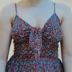 Cinch waist tie-front floral tank